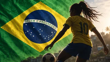 A young player with a ball against the flag of Brazil
