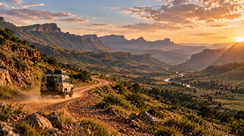 A vehicle on a dirt road crossing open country at sunset