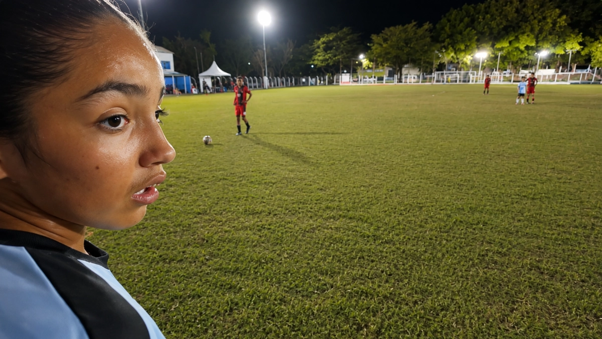 A young player looking out across a floodlit pitch