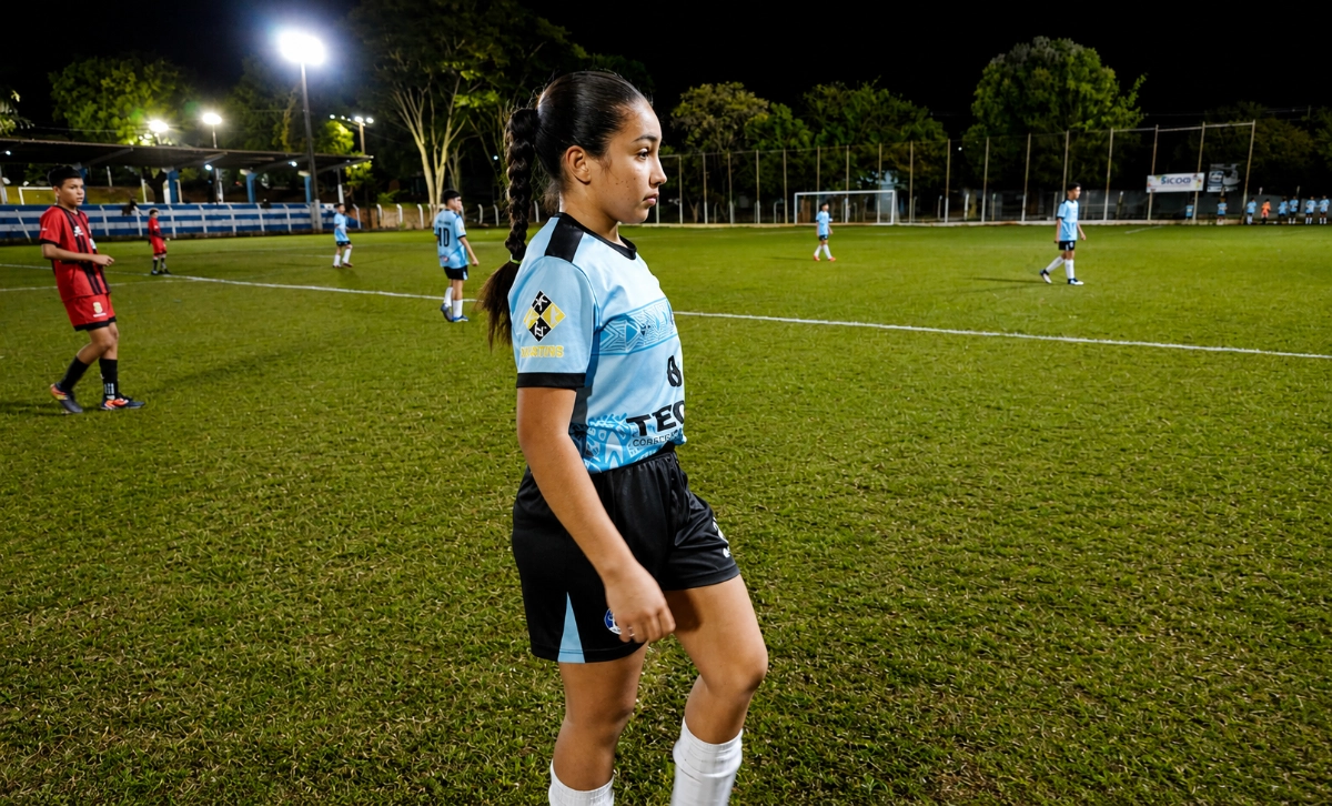 Maria walking onto a floodlit pitch during a match in Campo Grande, Brazil