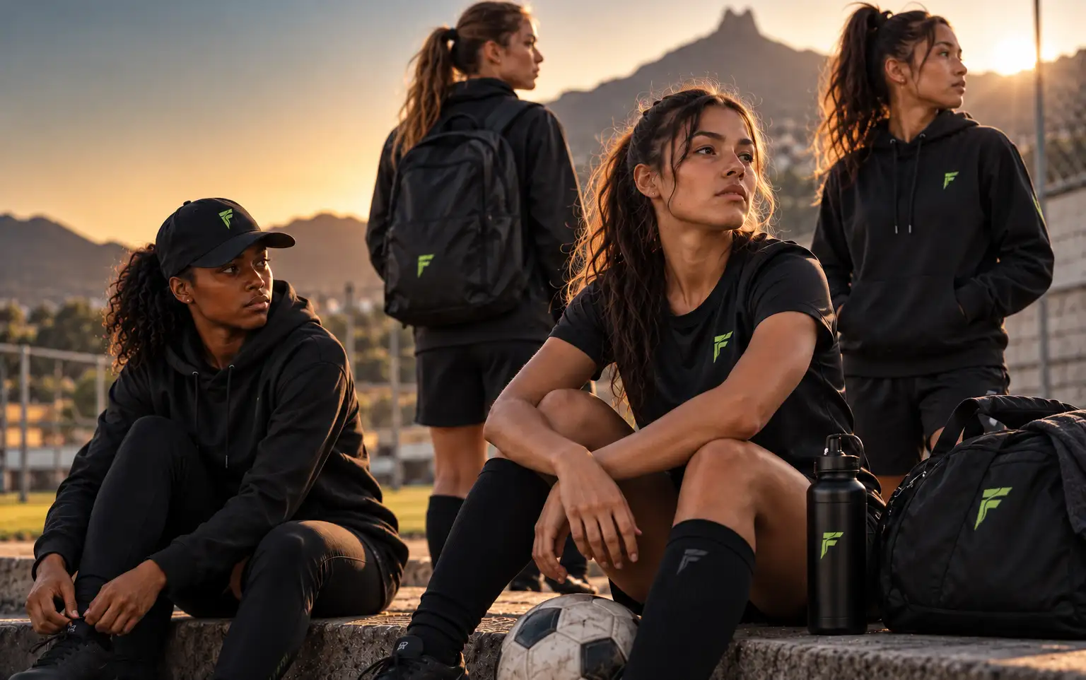 Players in Fight to Play kit beside a pitch at sunset
